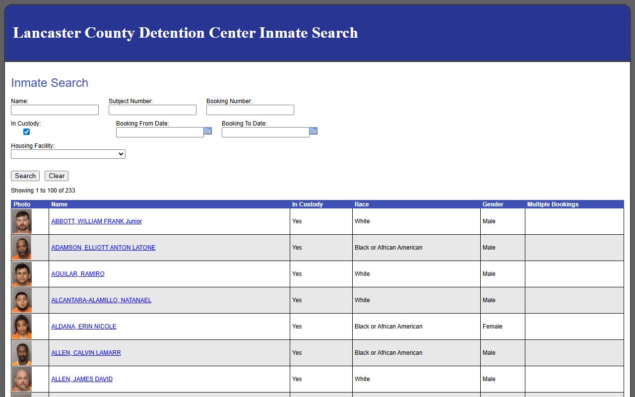 Lancaster County current inmate roster results with photos and custody fields