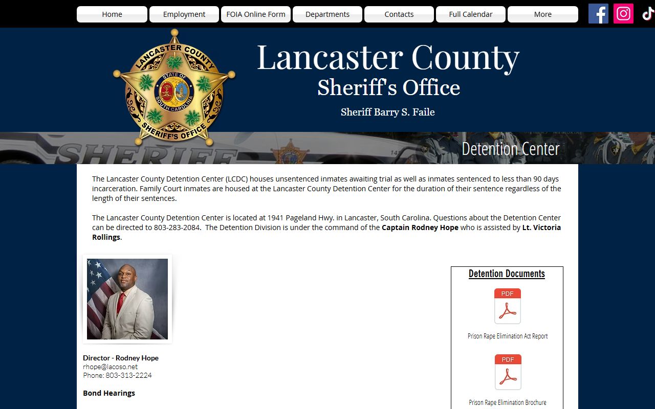 Lancaster County Detention Center detention page with mail commissary and visitation rules