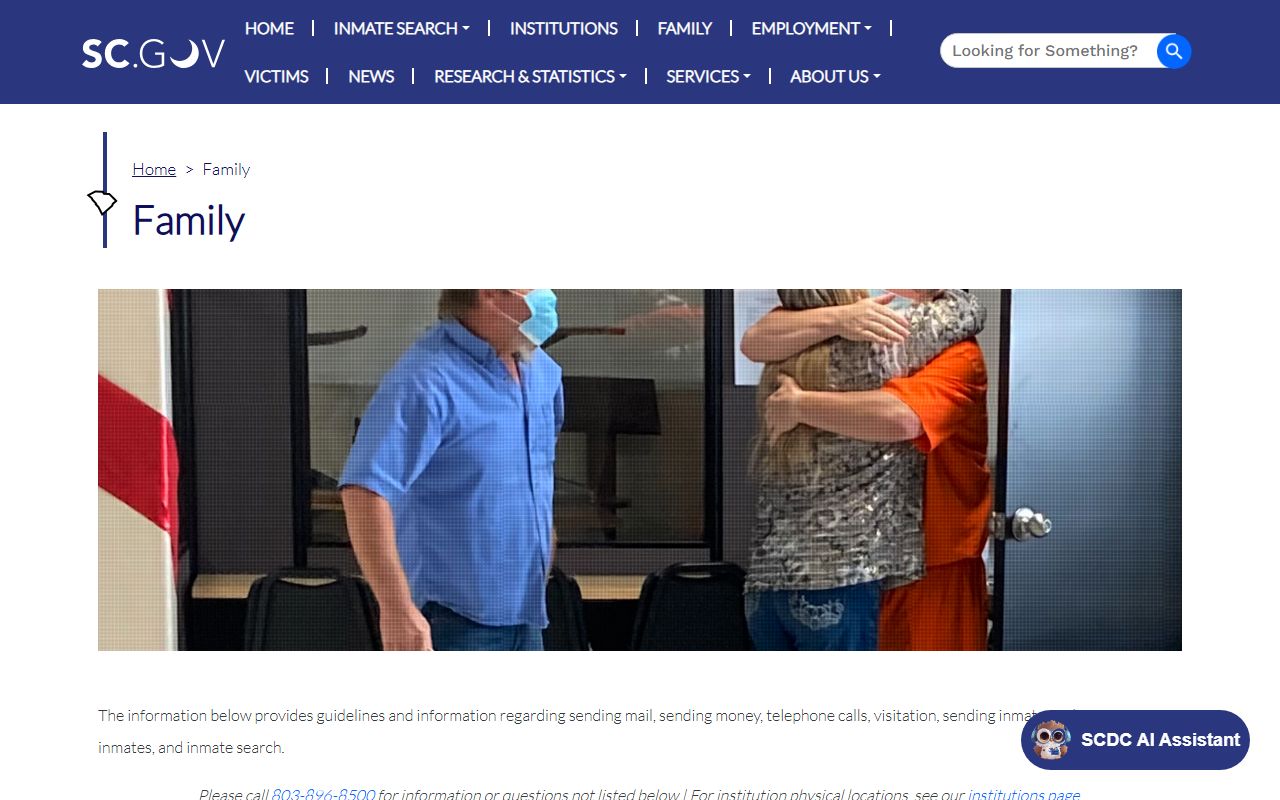 SCDC family services rules for Kershaw Correctional Institution mail visitation phone and money